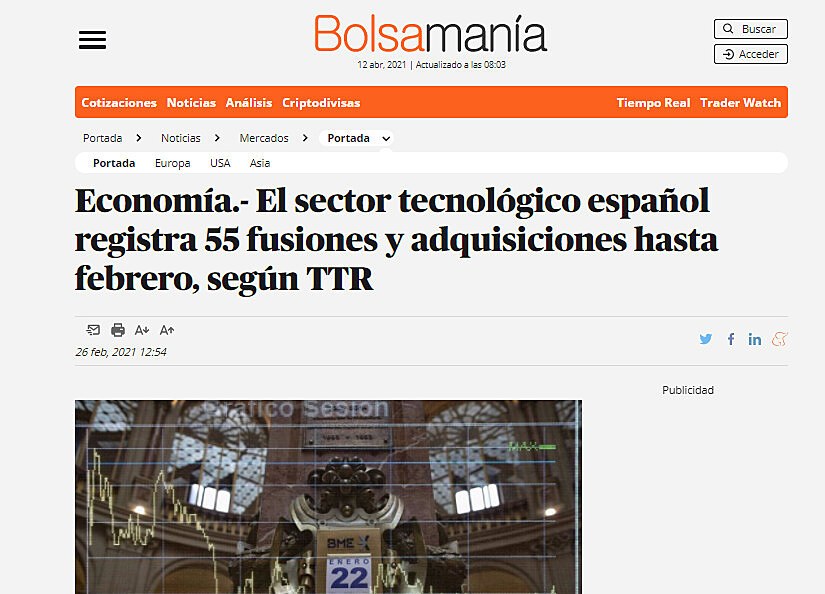 El sector tecnolgico espaol registra 55 fusiones y adquisiciones hasta febrero, segn TTR